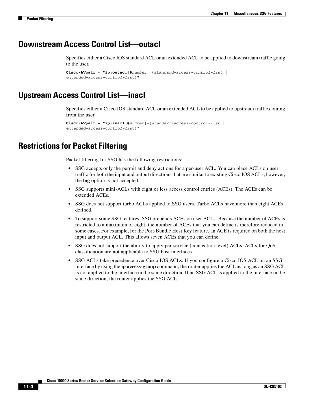 Cisco Systems OL-4387-02 manual Downstream Access Control List-outacl, Upstream Access Control List-inacl, 11-4 