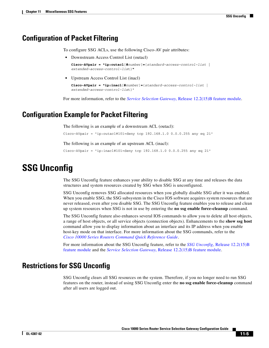 Cisco Systems OL-4387-02 SSG Unconfig, Configuration of Packet Filtering, Configuration Example for Packet Filtering, 11-5 