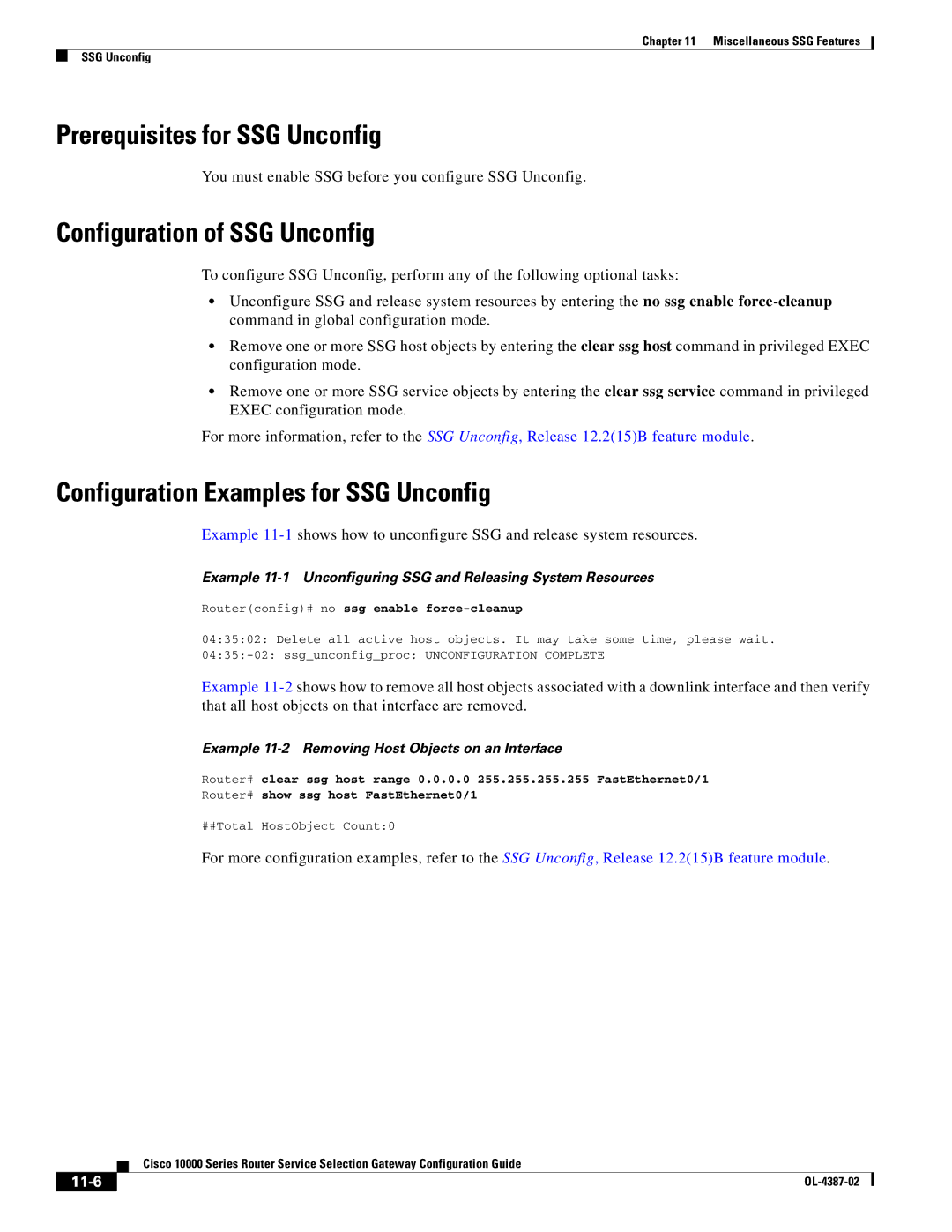 Cisco Systems OL-4387-02 manual Prerequisites for SSG Unconfig, Configuration of SSG Unconfig, 11-6 