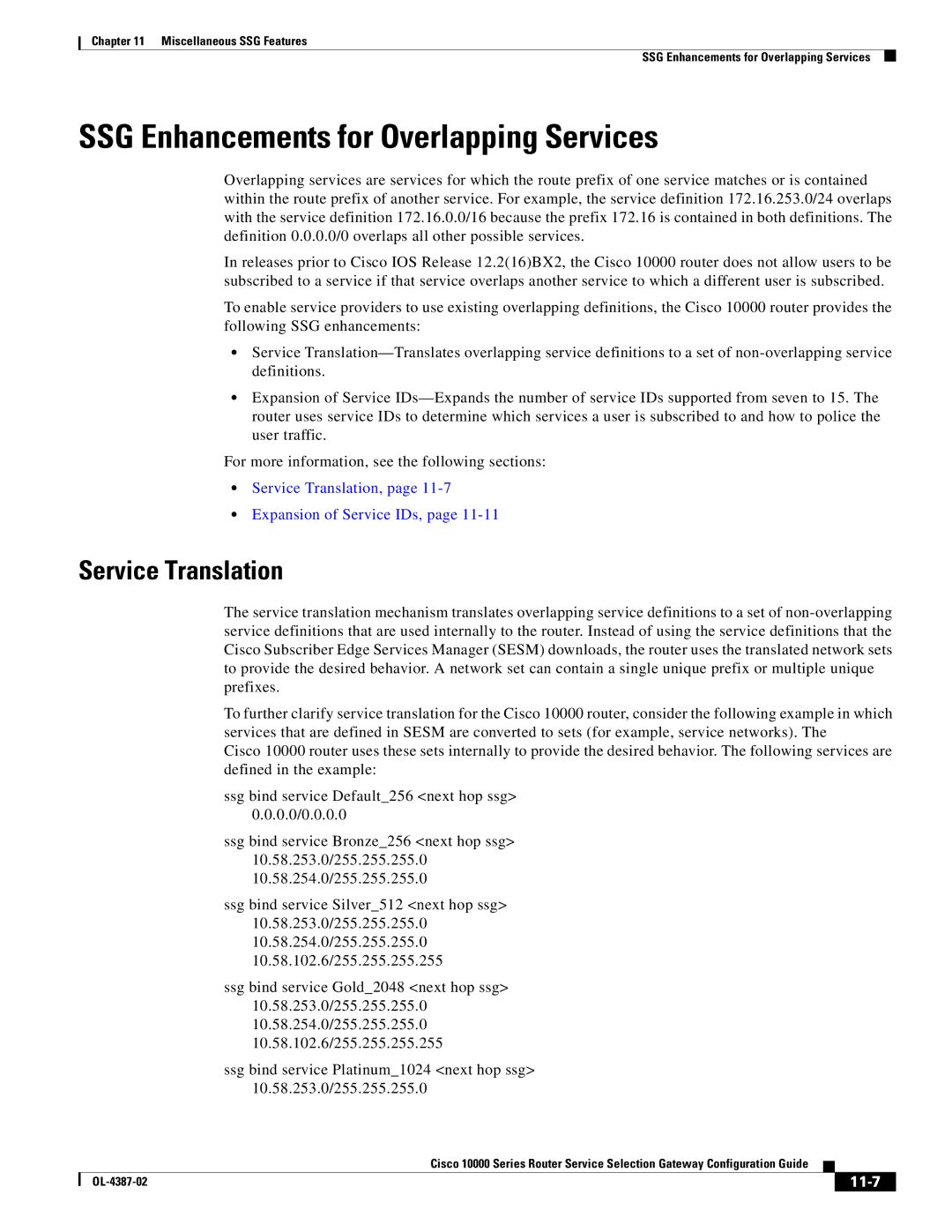 Cisco Systems OL-4387-02 manual SSG Enhancements for Overlapping Services, Service Translation, 11-7 