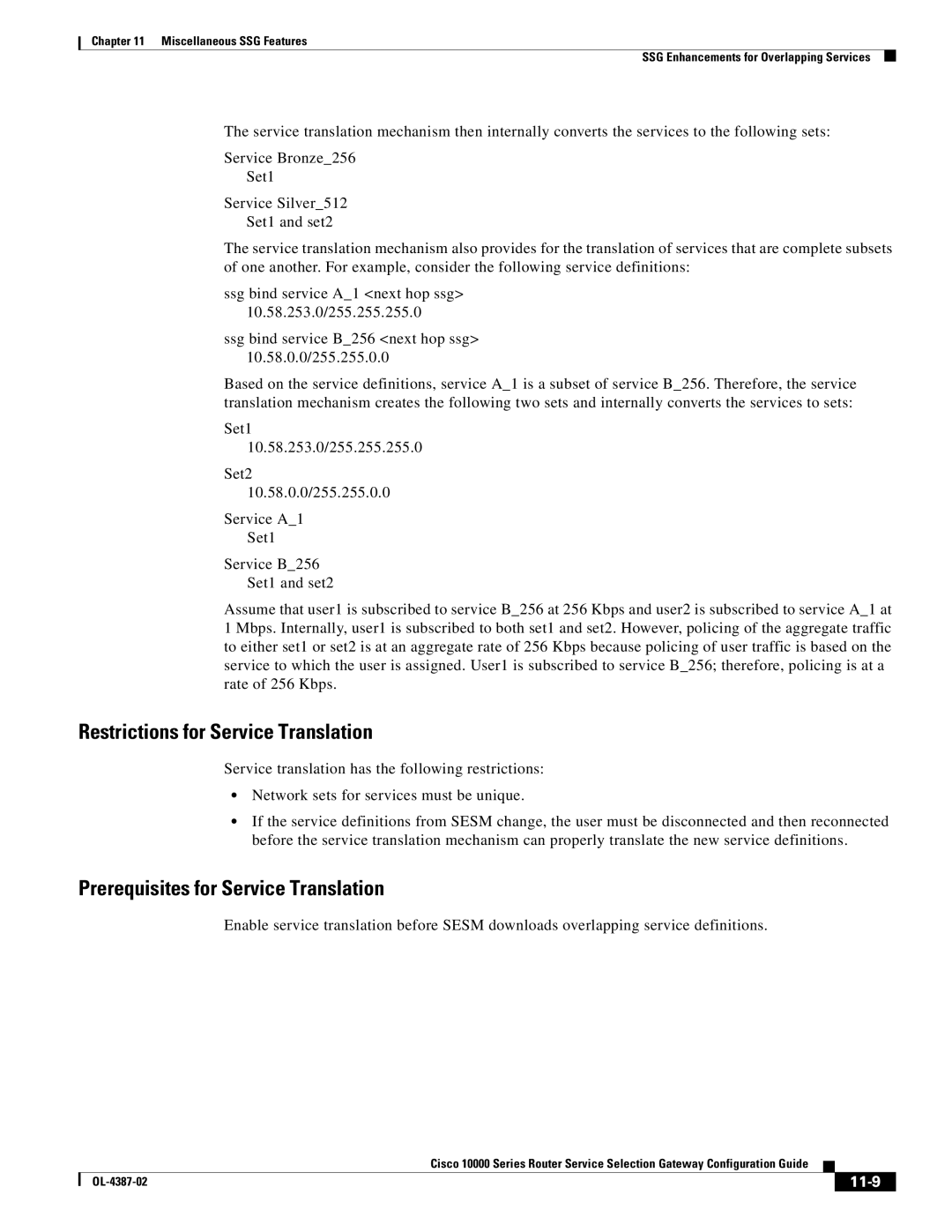 Cisco Systems OL-4387-02 manual Restrictions for Service Translation, 11-9 