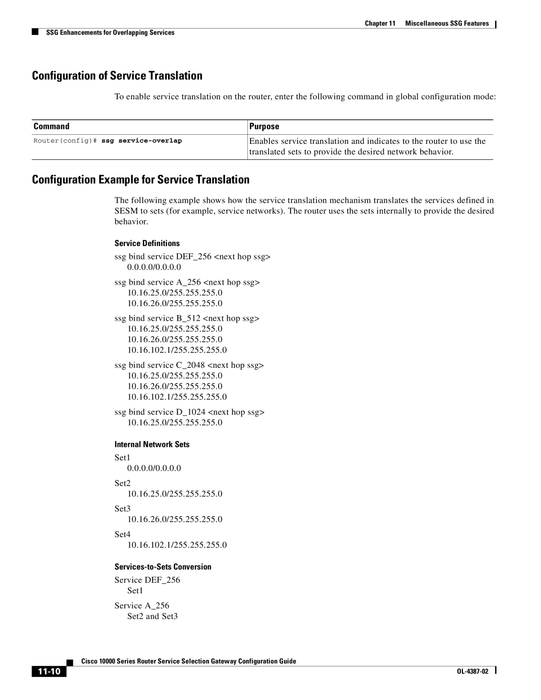 Cisco Systems OL-4387-02 manual Configuration of Service Translation, 11-10 