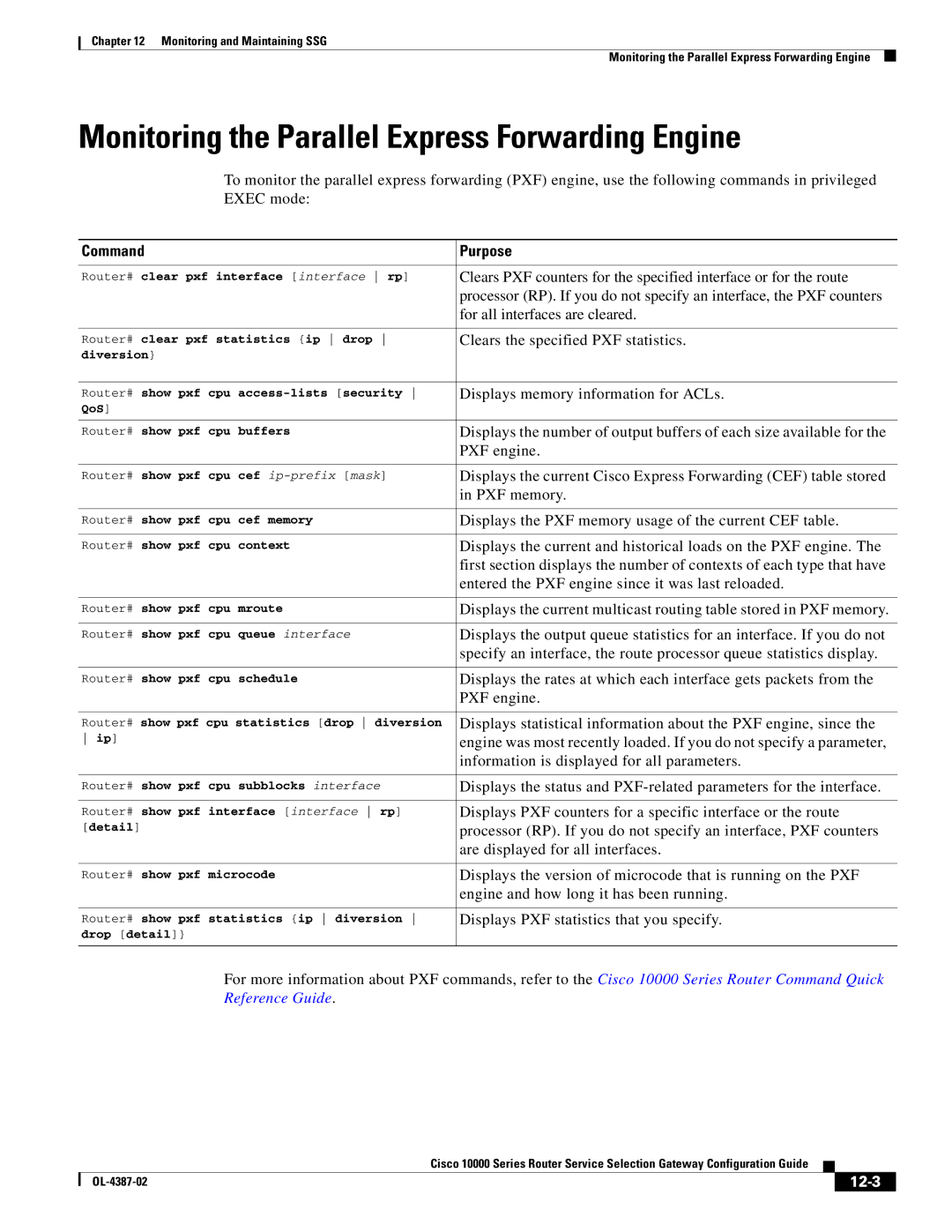 Cisco Systems OL-4387-02 manual Monitoring the Parallel Express Forwarding Engine, 12-3 