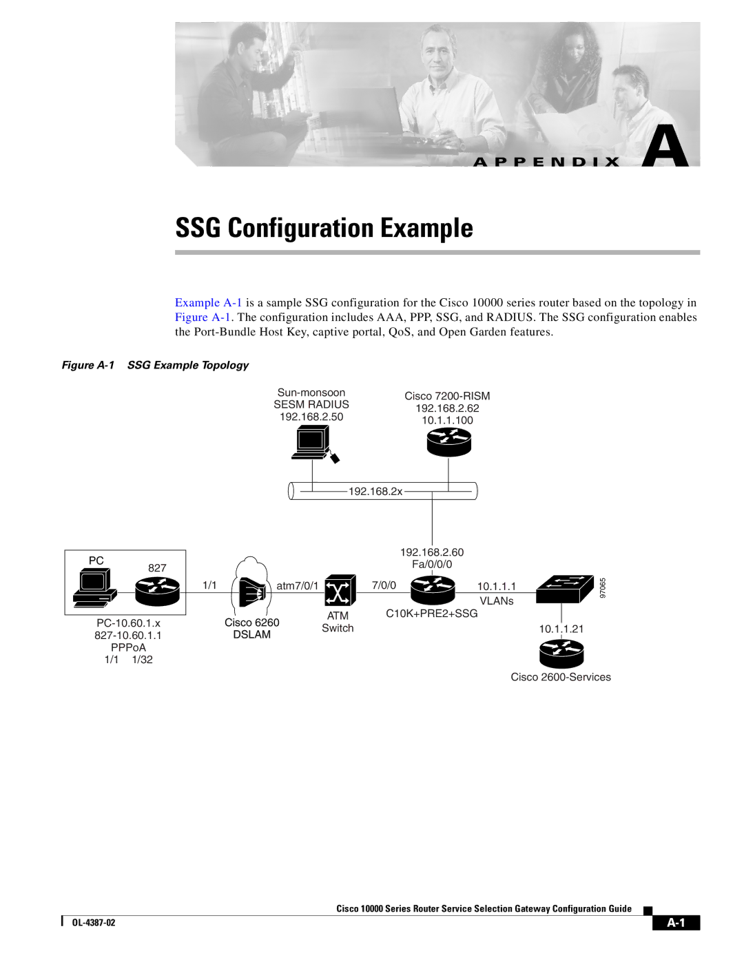 Cisco Systems OL-4387-02 manual SSG Configuration Example, Figure A-1 SSG Example Topology 