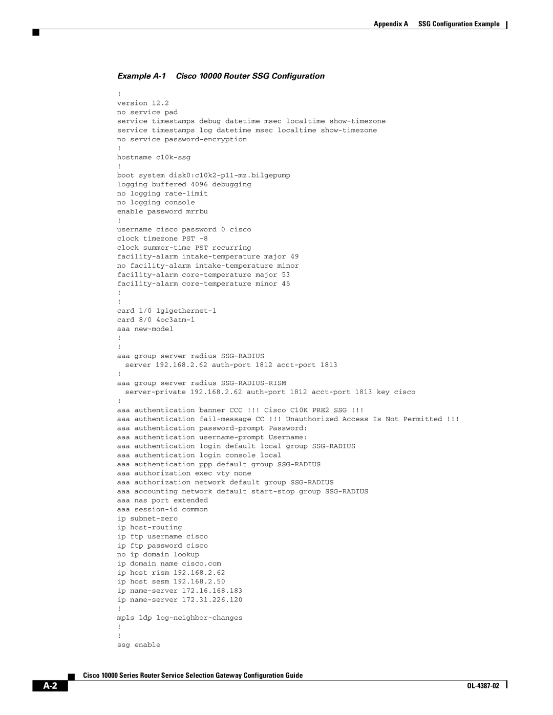 Cisco Systems OL-4387-02 manual Example A-1 Cisco 10000 Router SSG Configuration 