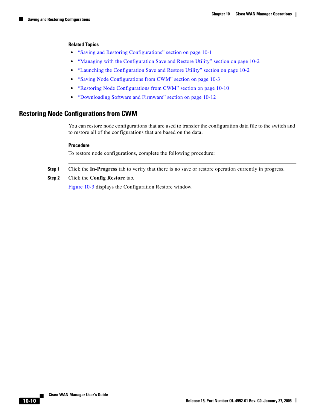 Cisco Systems OL-4552-01 manual Restoring Node Configurations from CWM, 10-10 