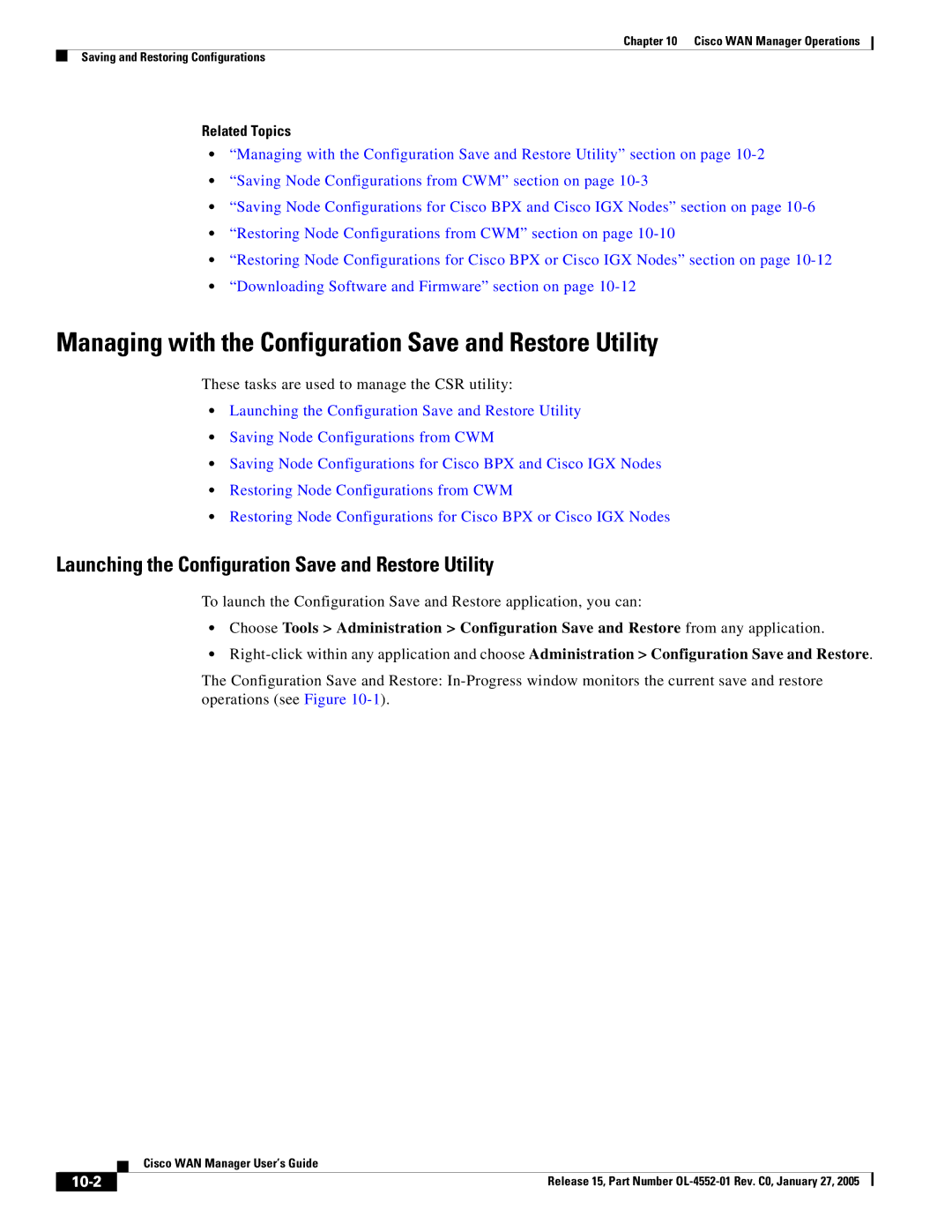 Cisco Systems OL-4552-01 manual Launching the Configuration Save and Restore Utility, 10-2 