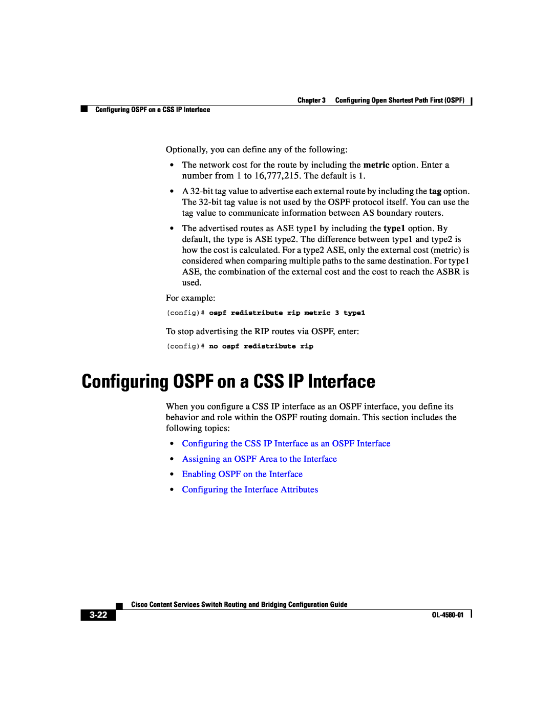 Cisco Systems OL-4580-01 Configuring OSPF on a CSS IP Interface, Configuring the CSS IP Interface as an OSPF Interface 
