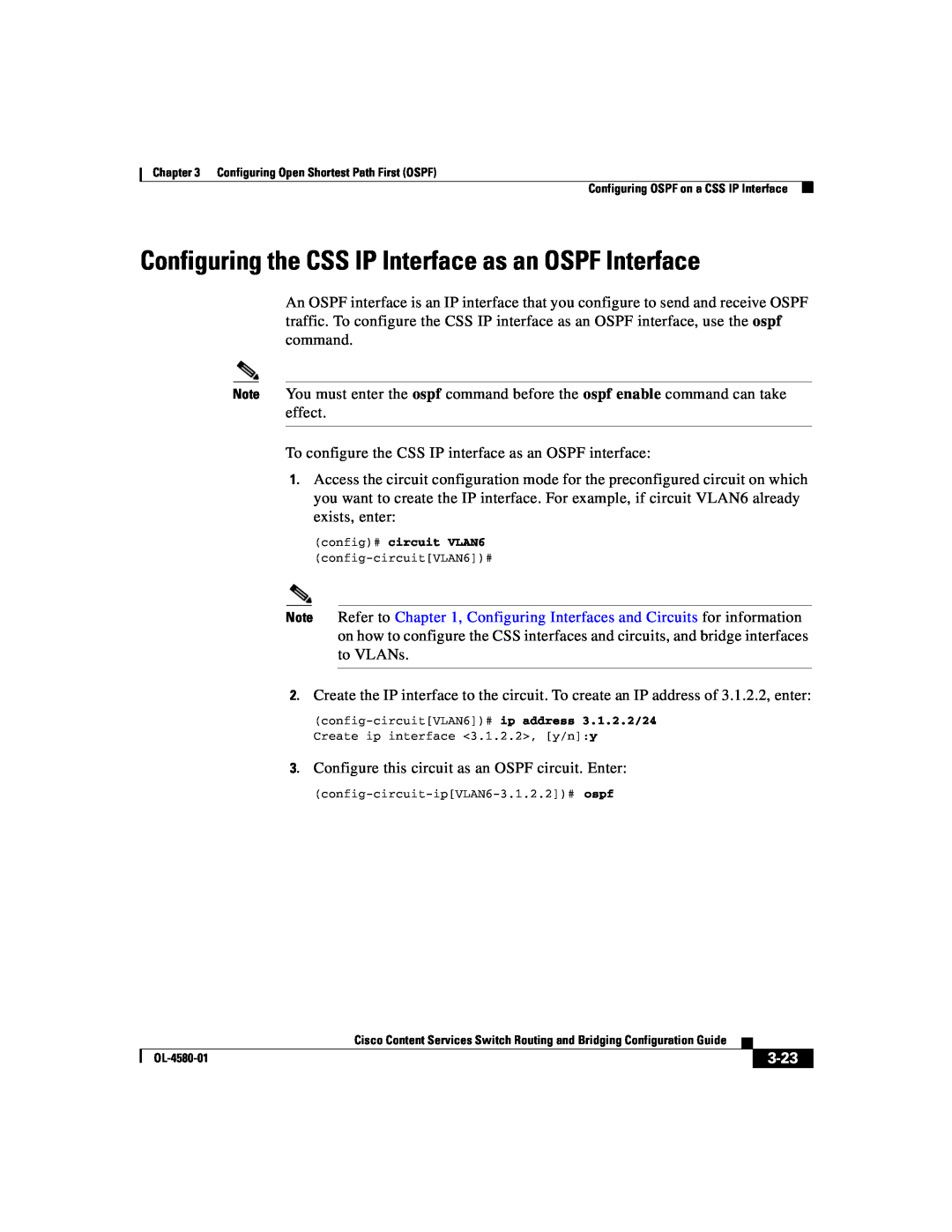 Cisco Systems OL-4580-01 manual Configuring the CSS IP Interface as an OSPF Interface, 3-23 