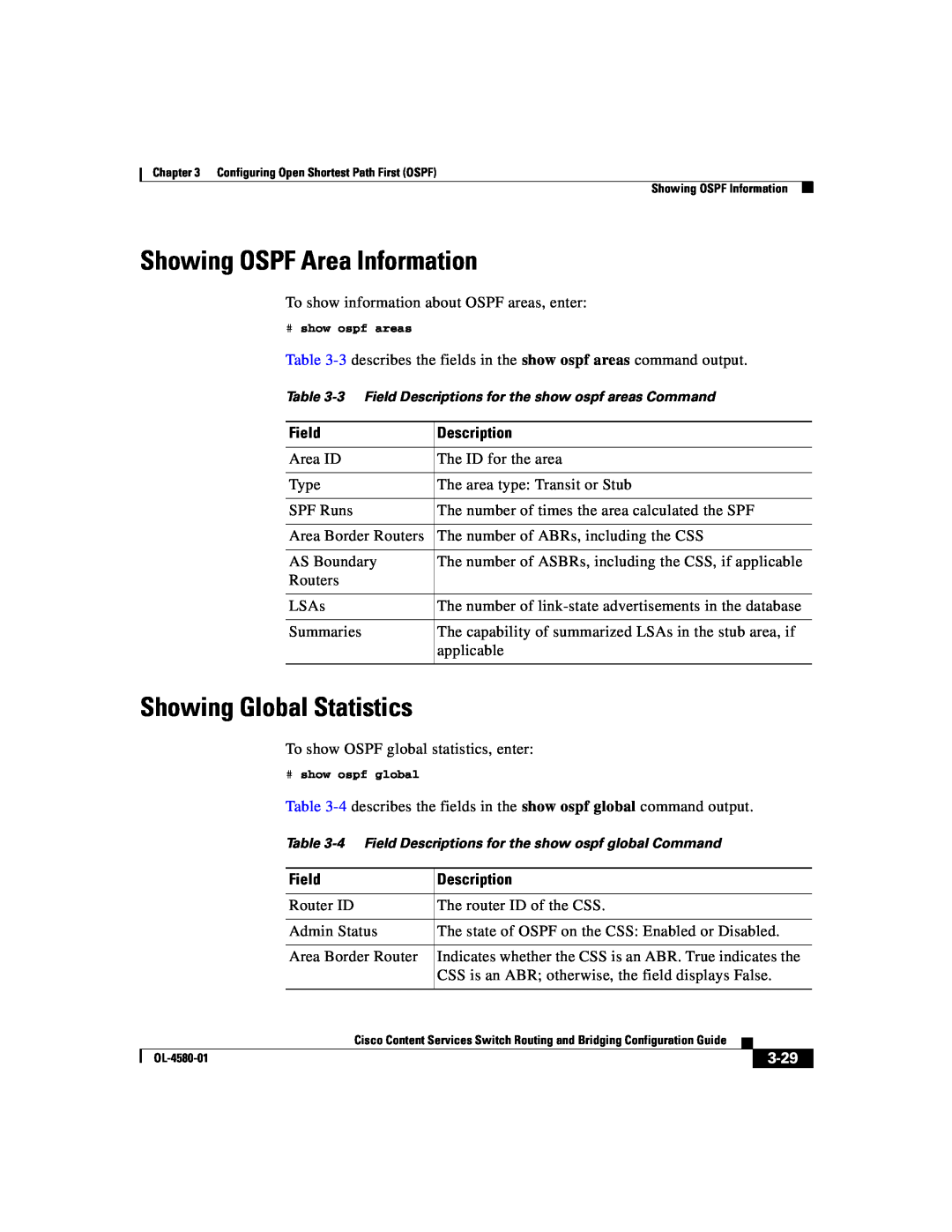 Cisco Systems OL-4580-01 manual Showing OSPF Area Information, Showing Global Statistics, Field, Description, 3-29 