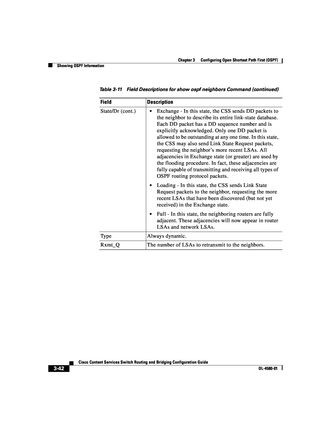 Cisco Systems OL-4580-01 manual Field, Description, 3-42 