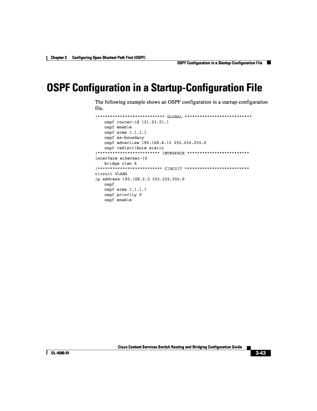 Cisco Systems OL-4580-01 manual OSPF Configuration in a Startup-Configuration File, 3-43, Interface 