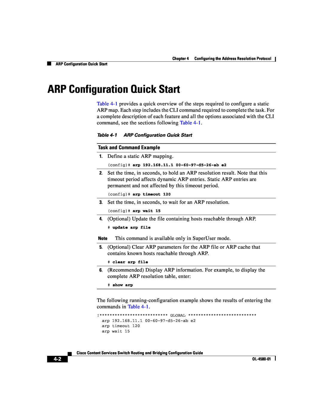 Cisco Systems OL-4580-01 manual Task and Command Example, 1 ARP Configuration Quick Start 