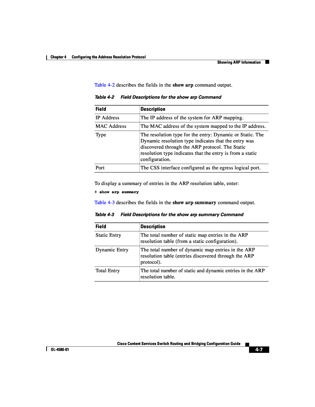 Cisco Systems OL-4580-01 manual 2 Field Descriptions for the show arp Command, # show arp summary 