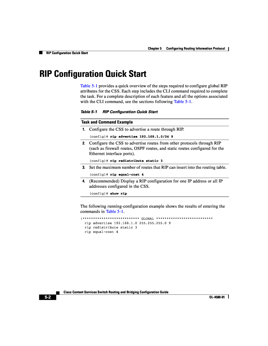 Cisco Systems OL-4580-01 manual Task and Command Example, 1 RIP Configuration Quick Start 