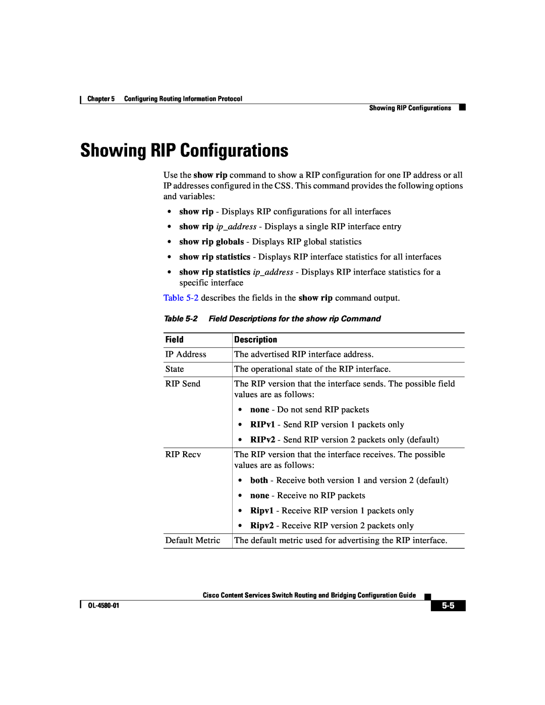 Cisco Systems OL-4580-01 manual Showing RIP Configurations, 2 Field Descriptions for the show rip Command 