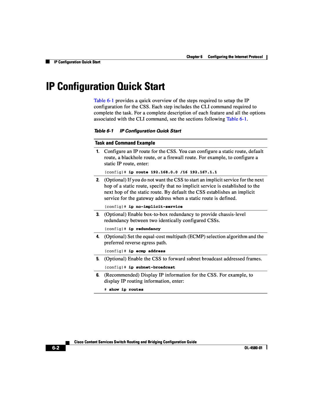 Cisco Systems OL-4580-01 manual Task and Command Example, 1 IP Configuration Quick Start 