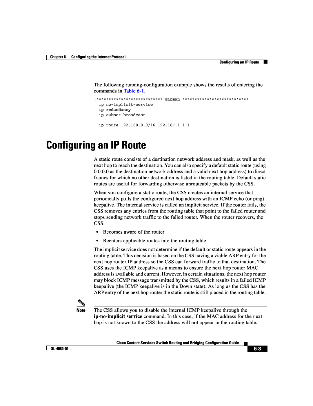 Cisco Systems OL-4580-01 manual Configuring an IP Route, ip no-implicit-service ip redundancy 