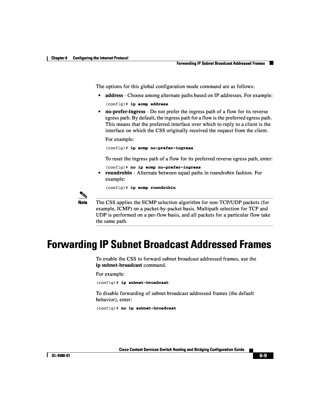 Cisco Systems OL-4580-01 manual Forwarding IP Subnet Broadcast Addressed Frames, ip subnet-broadcast command 