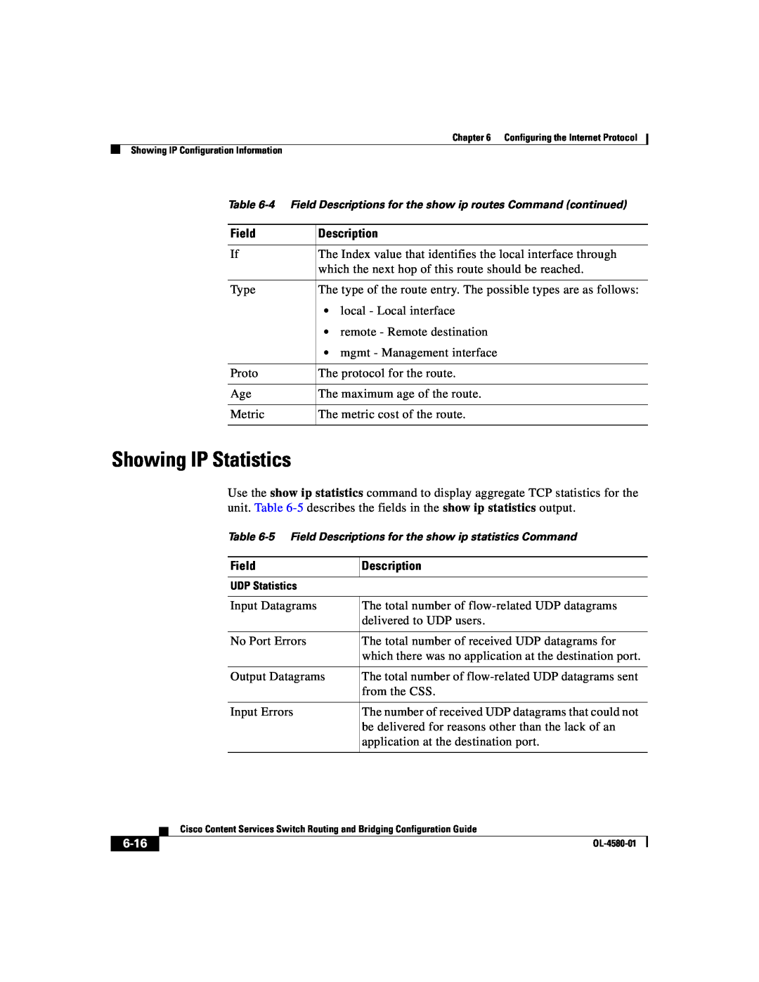Cisco Systems OL-4580-01 manual Showing IP Statistics, Field, Description, 6-16 