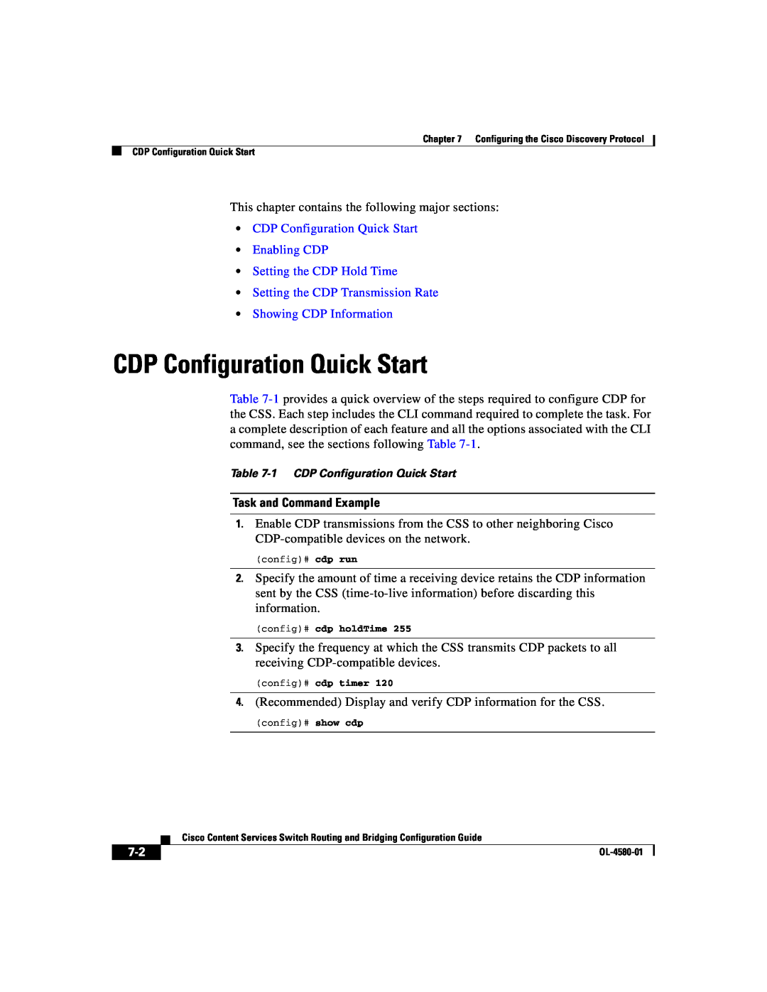 Cisco Systems OL-4580-01 manual CDP Configuration Quick Start, Setting the CDP Transmission Rate Showing CDP Information 