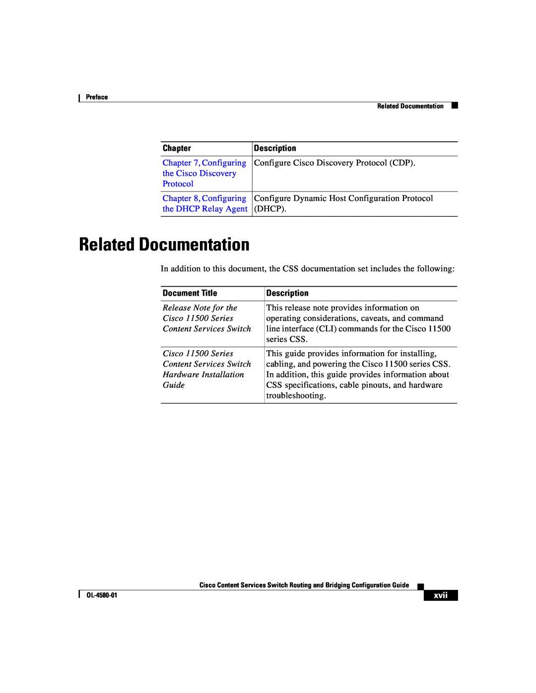Cisco Systems OL-4580-01 Related Documentation, Chapter, Description, Configuring, Configure Cisco Discovery Protocol CDP 