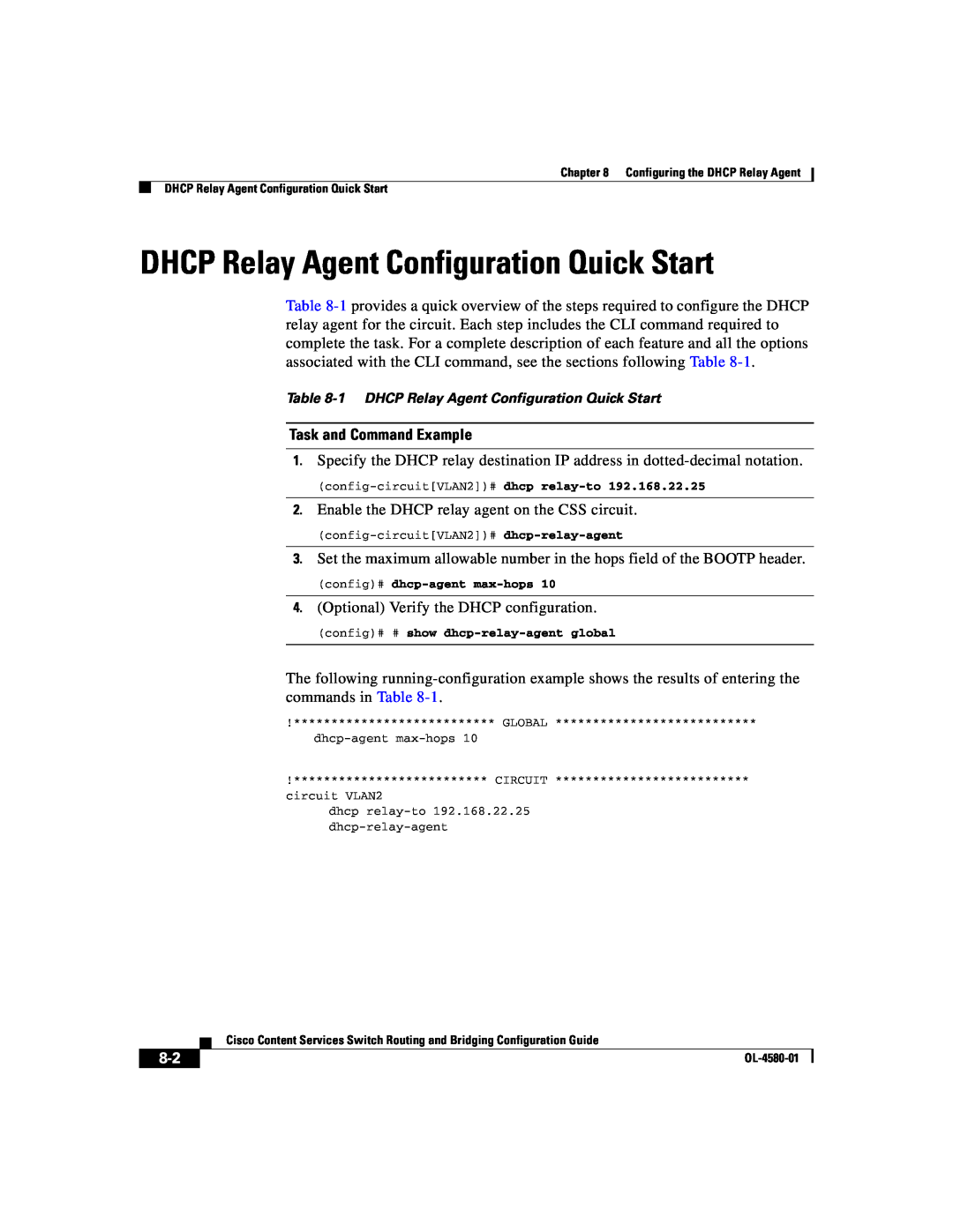 Cisco Systems OL-4580-01 manual DHCP Relay Agent Configuration Quick Start, Task and Command Example 