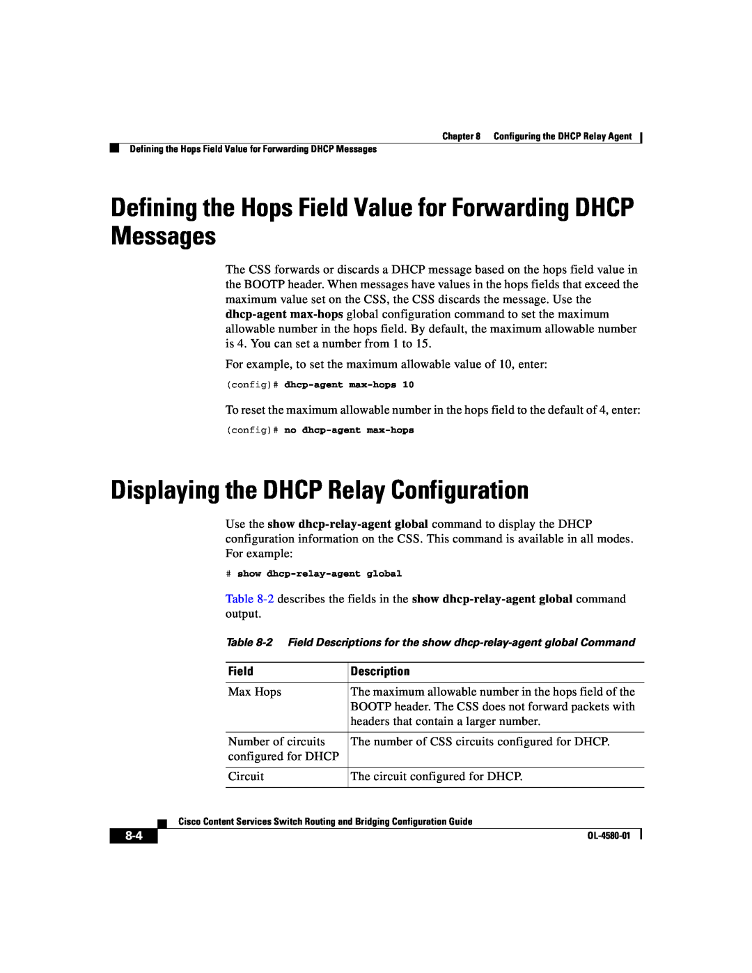 Cisco Systems OL-4580-01 manual Defining the Hops Field Value for Forwarding DHCP Messages, Description 