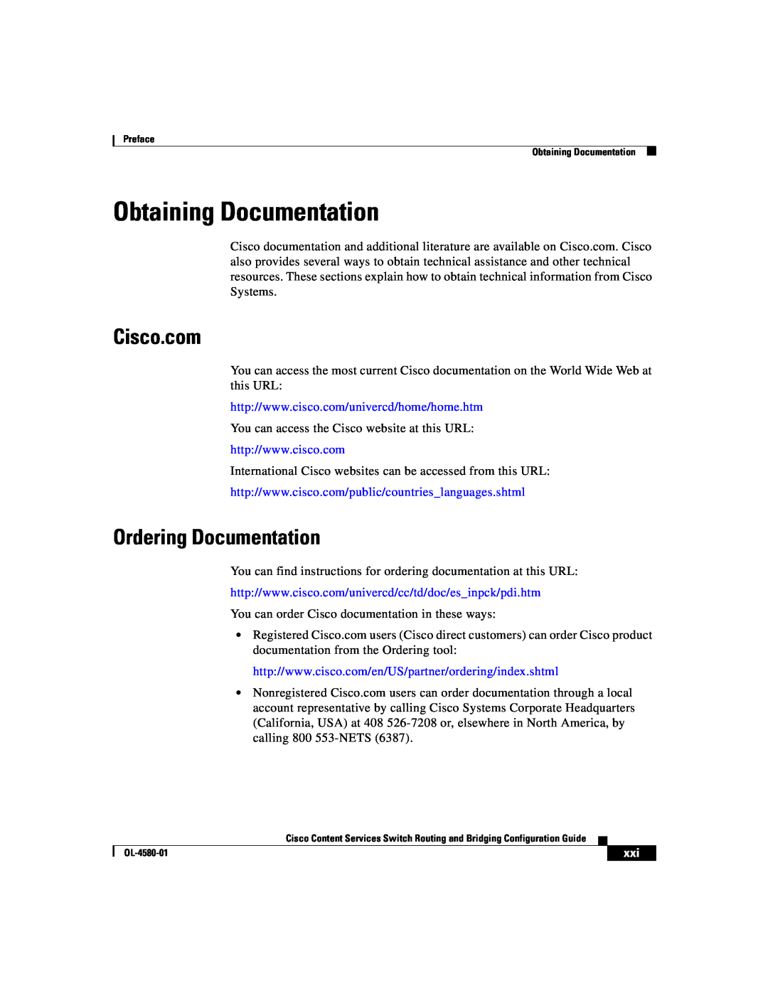 Cisco Systems OL-4580-01 manual Obtaining Documentation, Cisco.com, Ordering Documentation 