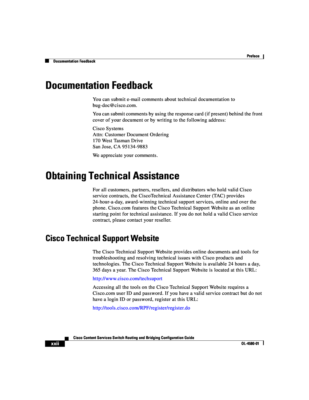 Cisco Systems OL-4580-01 Documentation Feedback, Obtaining Technical Assistance, Cisco Technical Support Website, xxii 