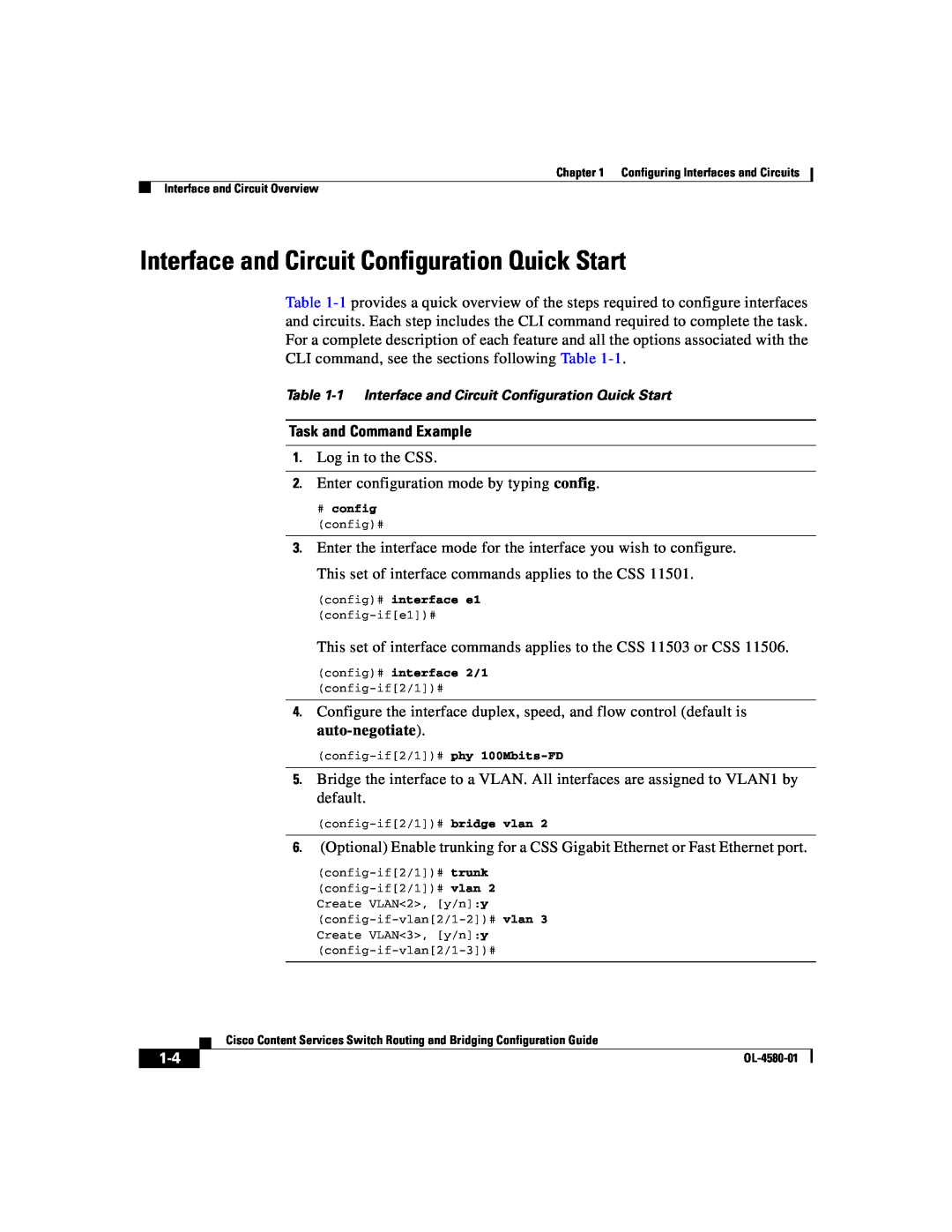 Cisco Systems OL-4580-01 manual Interface and Circuit Configuration Quick Start, Task and Command Example 