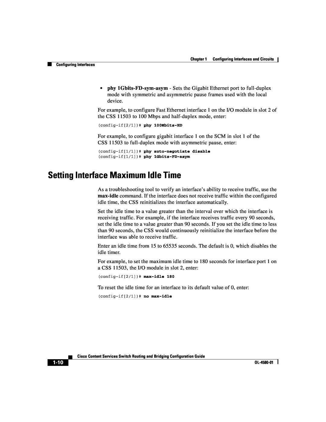 Cisco Systems OL-4580-01 manual Setting Interface Maximum Idle Time, 1-10 