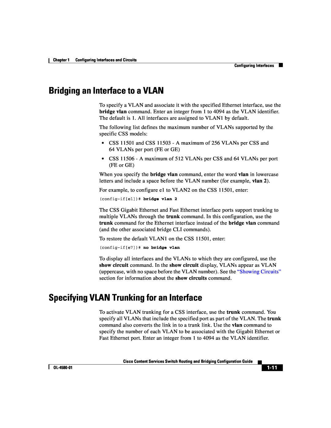 Cisco Systems OL-4580-01 manual Bridging an Interface to a VLAN, Specifying VLAN Trunking for an Interface, 1-11 