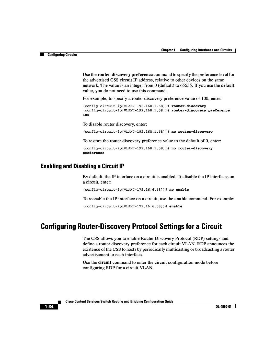 Cisco Systems OL-4580-01 Enabling and Disabling a Circuit IP, Configuring Router-Discovery Protocol Settings for a Circuit 