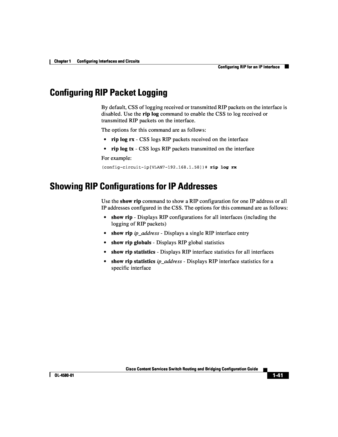 Cisco Systems OL-4580-01 manual Configuring RIP Packet Logging, Showing RIP Configurations for IP Addresses, 1-41 