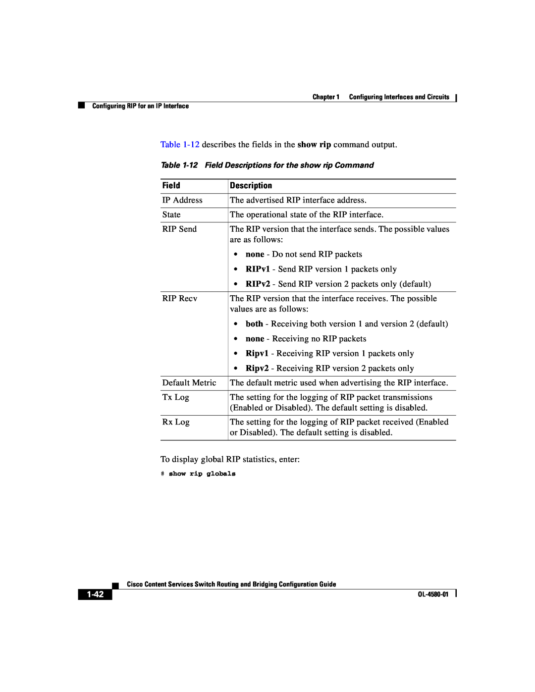 Cisco Systems OL-4580-01 manual 1-42, 12 Field Descriptions for the show rip Command, # show rip globals 