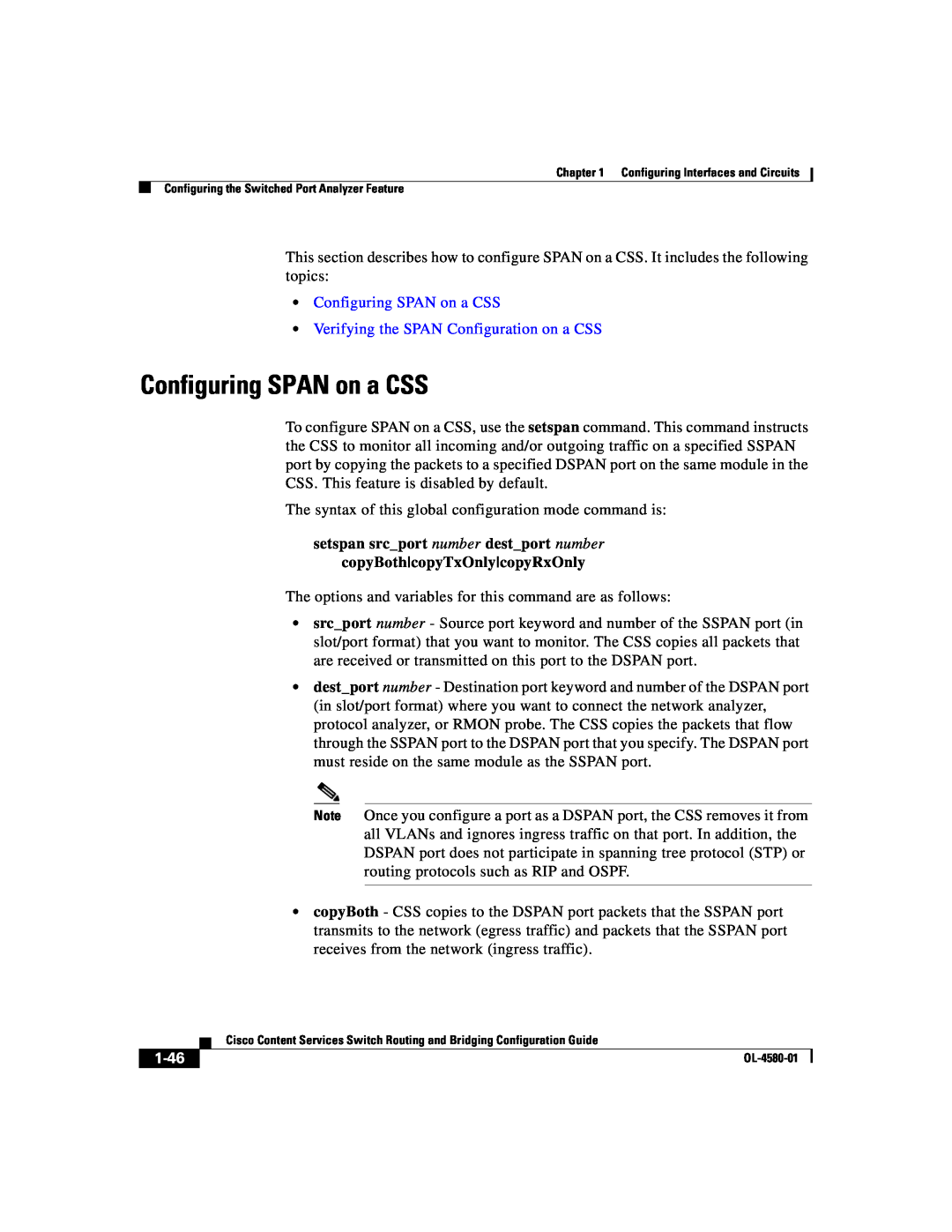 Cisco Systems OL-4580-01 manual Configuring SPAN on a CSS Verifying the SPAN Configuration on a CSS, 1-46 