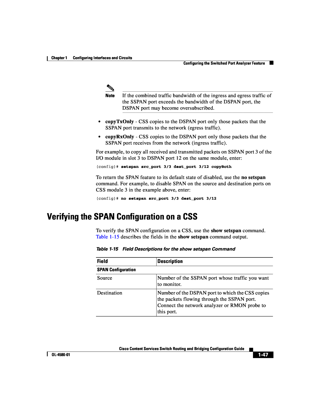 Cisco Systems OL-4580-01 manual Verifying the SPAN Configuration on a CSS, Field, Description, 1-47 