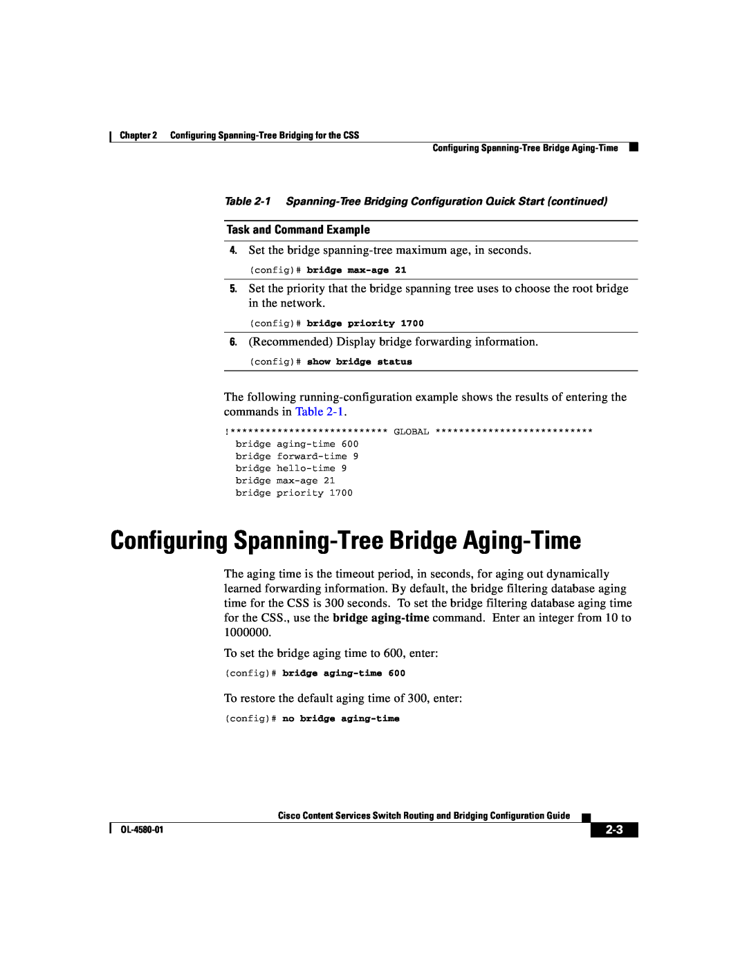 Cisco Systems OL-4580-01 manual Configuring Spanning-Tree Bridge Aging-Time, Task and Command Example 
