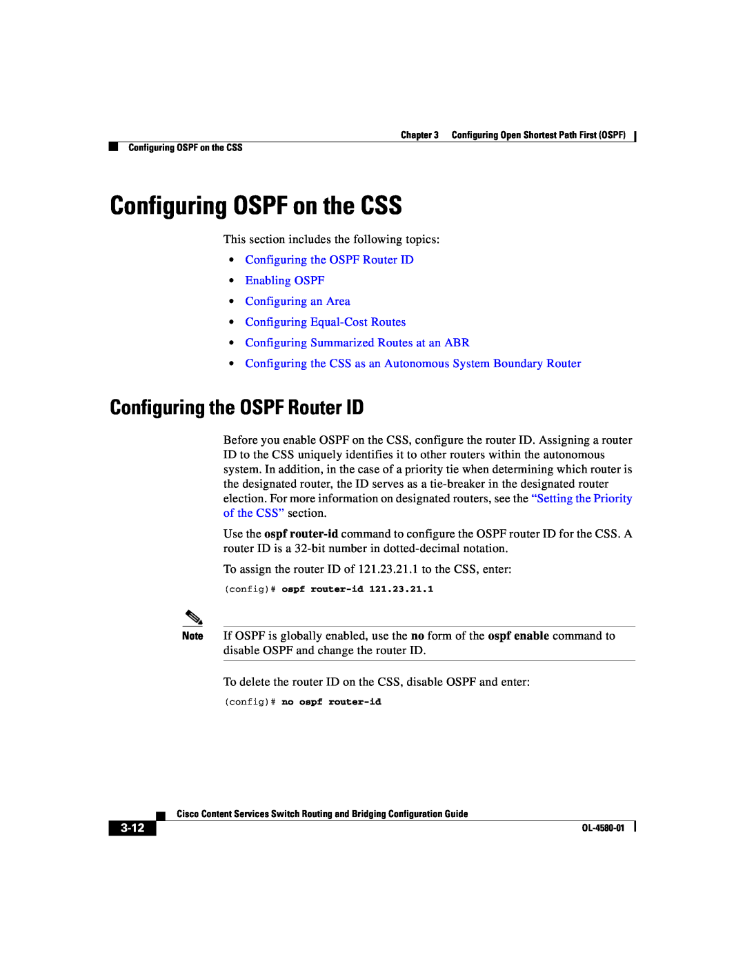 Cisco Systems OL-4580-01 manual Configuring OSPF on the CSS, Configuring the OSPF Router ID, 3-12 