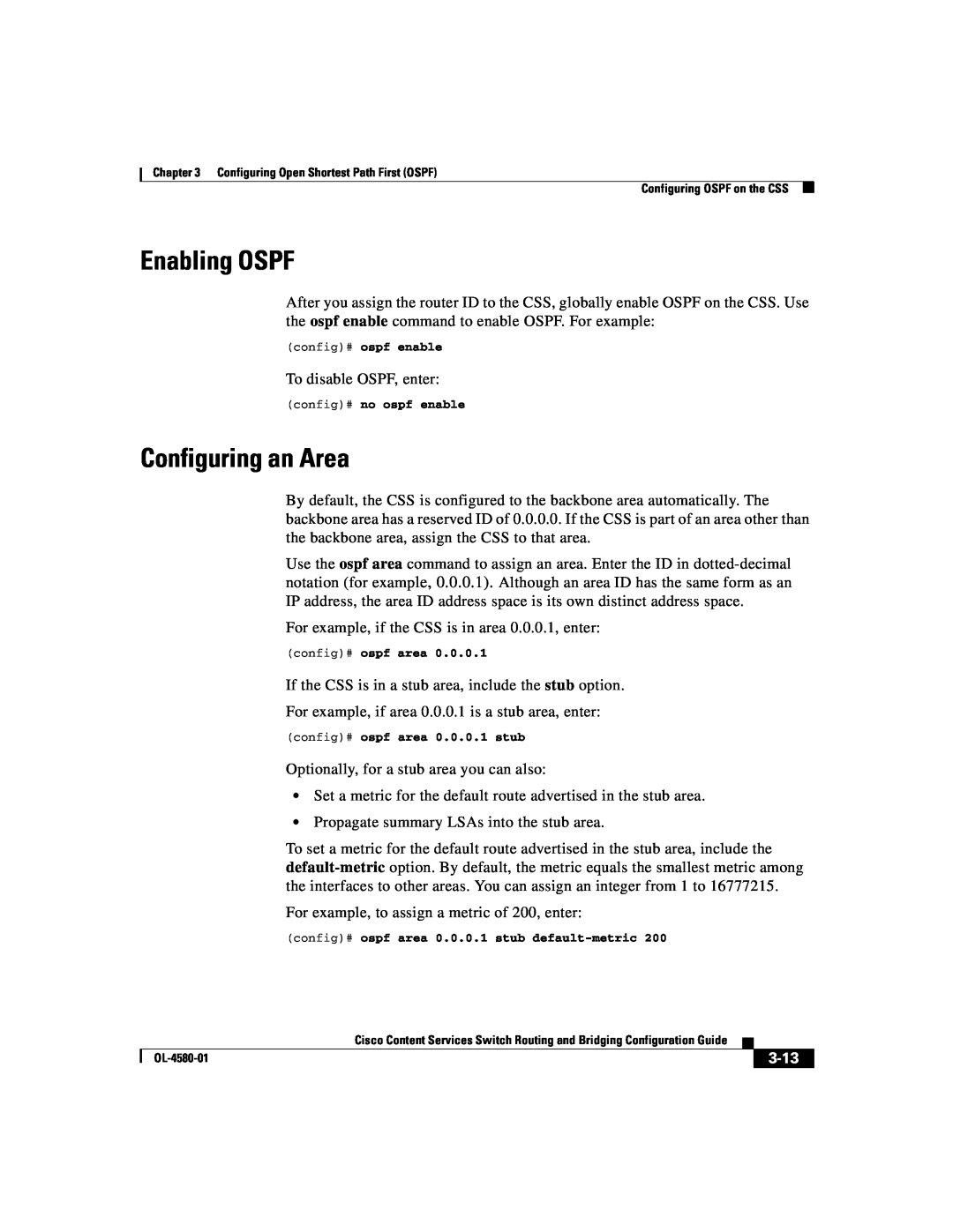 Cisco Systems OL-4580-01 manual Enabling OSPF, Configuring an Area, 3-13 