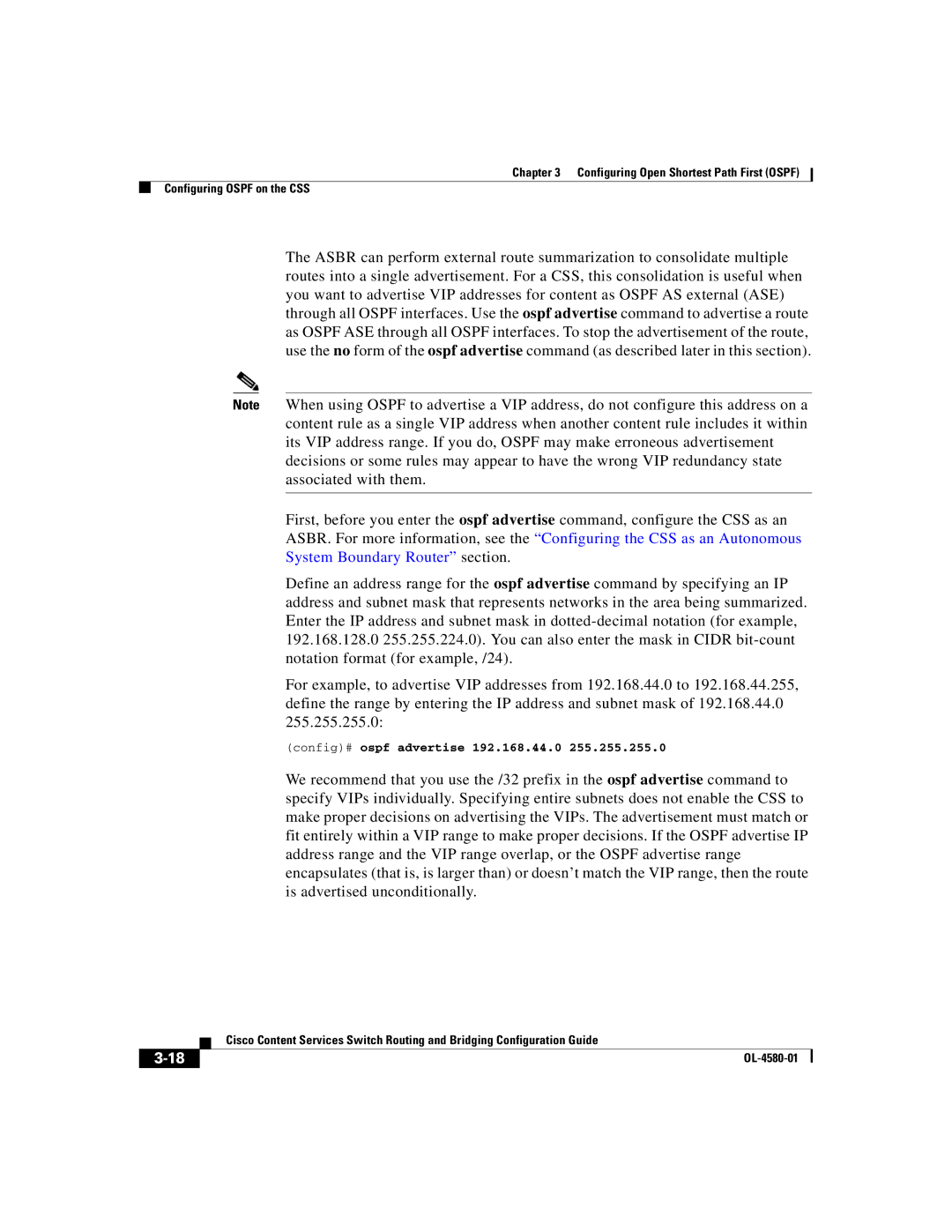 Cisco Systems OL-4580-01 manual Config# ospf advertise 192.168.44.0 