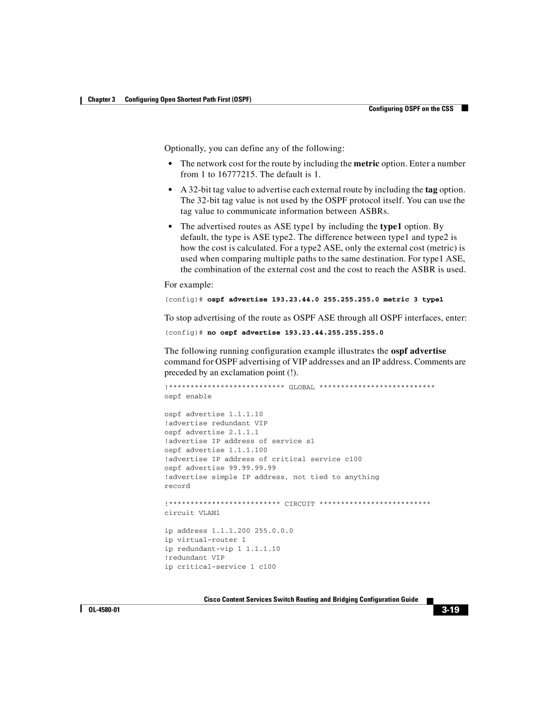 Cisco Systems OL-4580-01 manual Preceded by an exclamation point, Config# no ospf advertise 