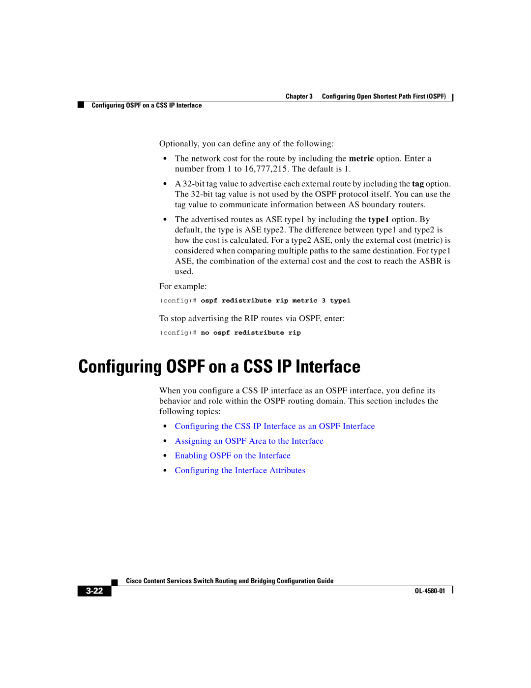 Cisco Systems OL-4580-01 manual Configuring Ospf on a CSS IP Interface, To stop advertising the RIP routes via OSPF, enter 