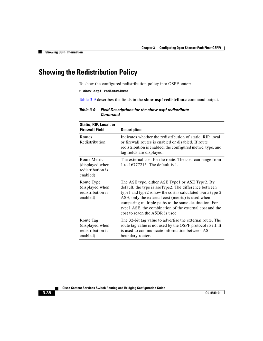 Cisco Systems OL-4580-01 manual Showing the Redistribution Policy, Firewall Field Description 