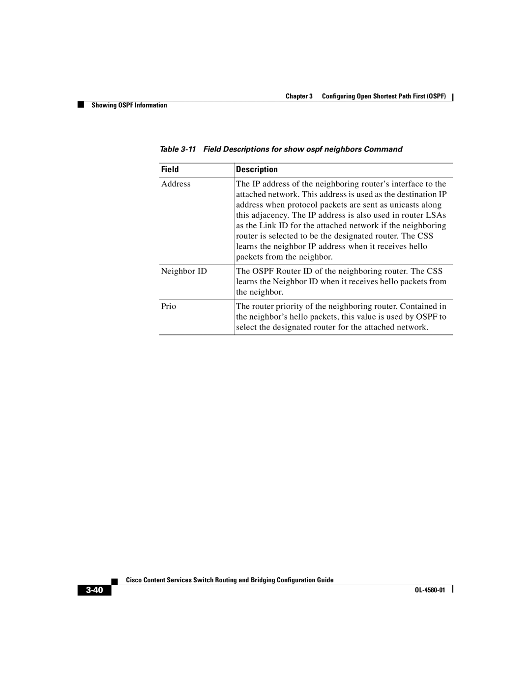 Cisco Systems OL-4580-01 manual Field Descriptions for show ospf neighbors Command 