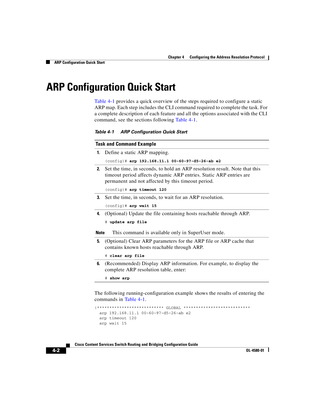 Cisco Systems OL-4580-01 manual ARP Configuration Quick Start, Define a static ARP mapping 