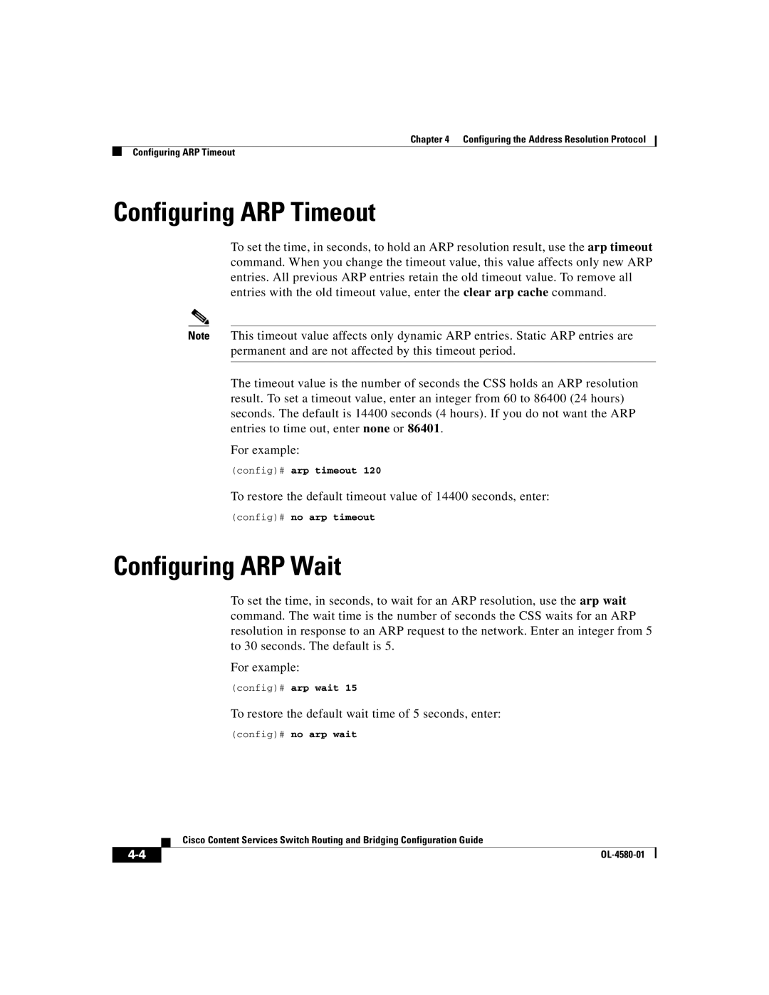 Cisco Systems OL-4580-01 manual Configuring ARP Timeout, Configuring ARP Wait, Config# no arp timeout, Config# no arp wait 