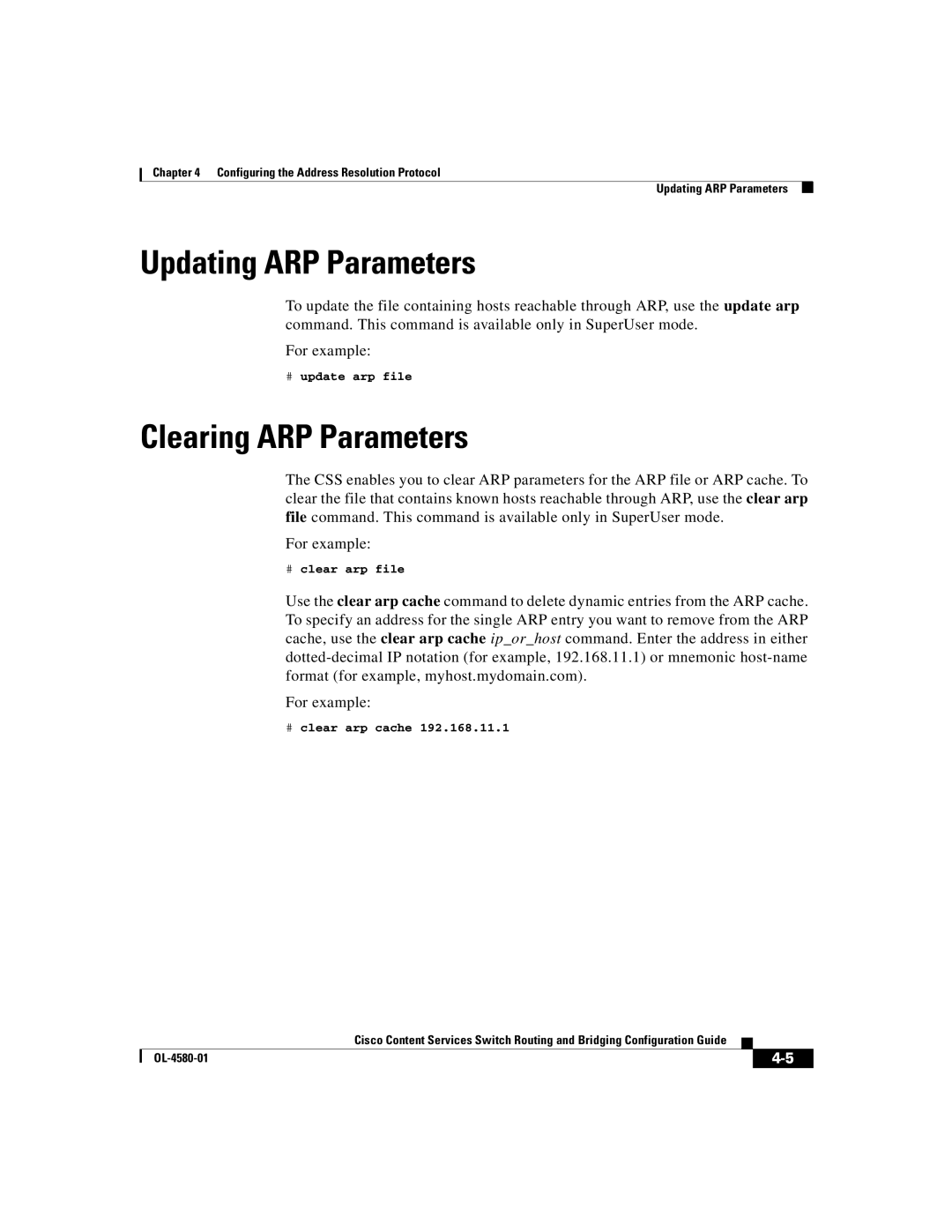 Cisco Systems OL-4580-01 manual Updating ARP Parameters, Clearing ARP Parameters, # clear arp cache 