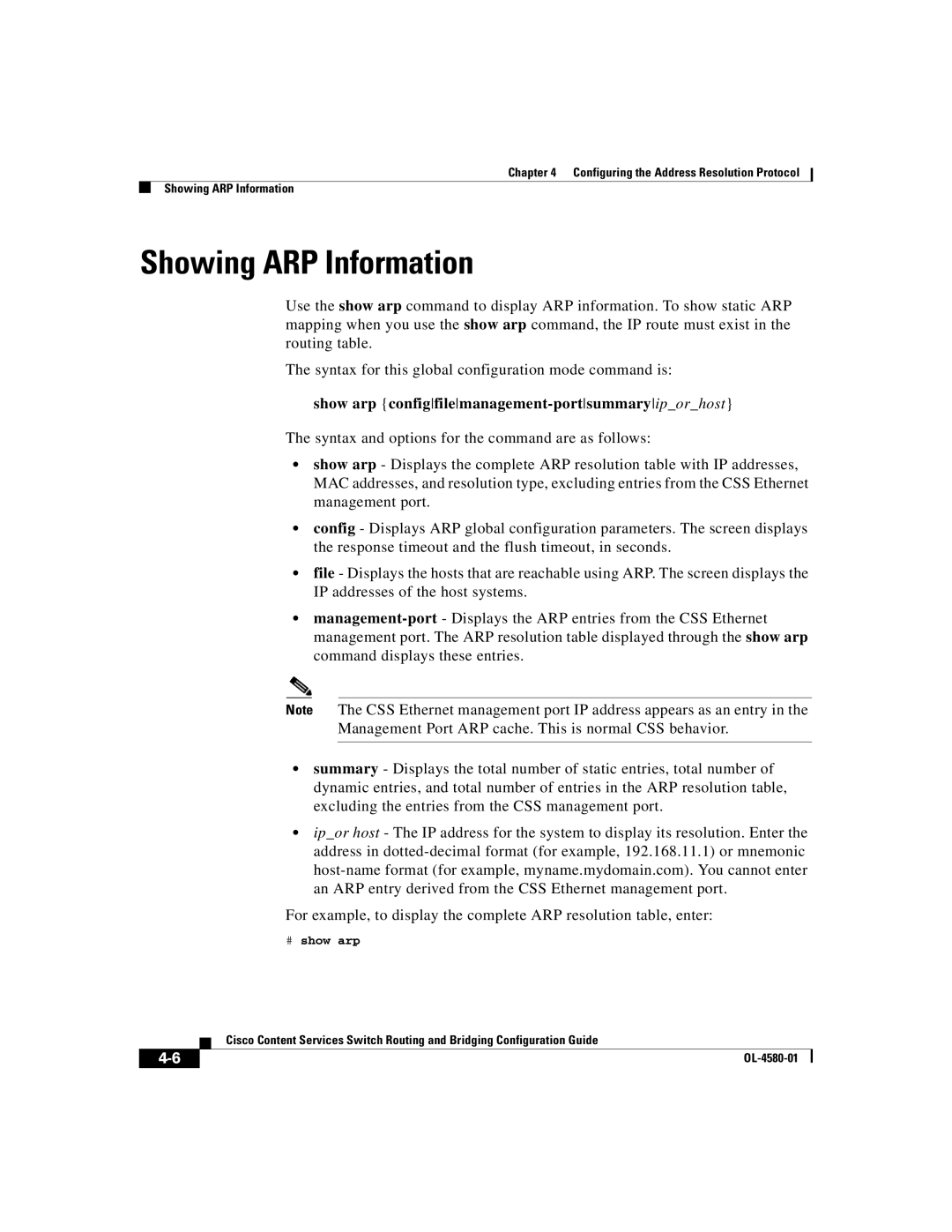 Cisco Systems OL-4580-01 manual Showing ARP Information, Show arp configfilemanagement-portsummaryiporhost 